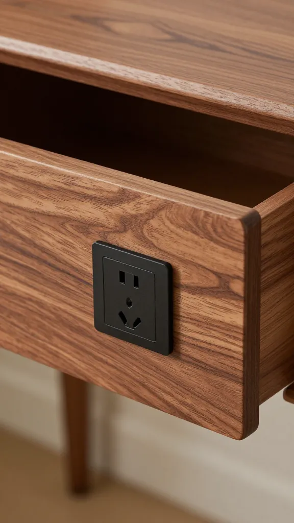 floating walnut vanity drawer with integrated outlet, closeup
