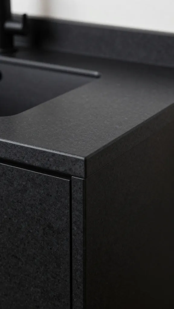 matte black quartz countertop edge on vanity, closeup