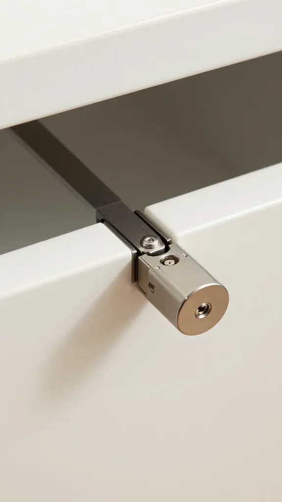 soft-close vanity drawer glide mechanism, detailed macro shot