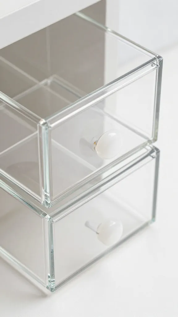 clear acrylic drawer organizer with labeled compartments, closeup