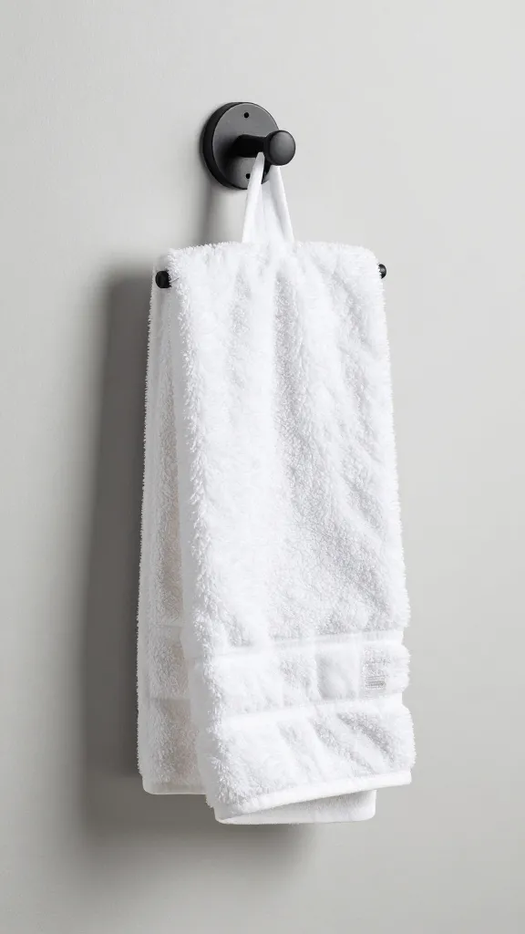 matte black wall-mounted towel hook holding single white towel