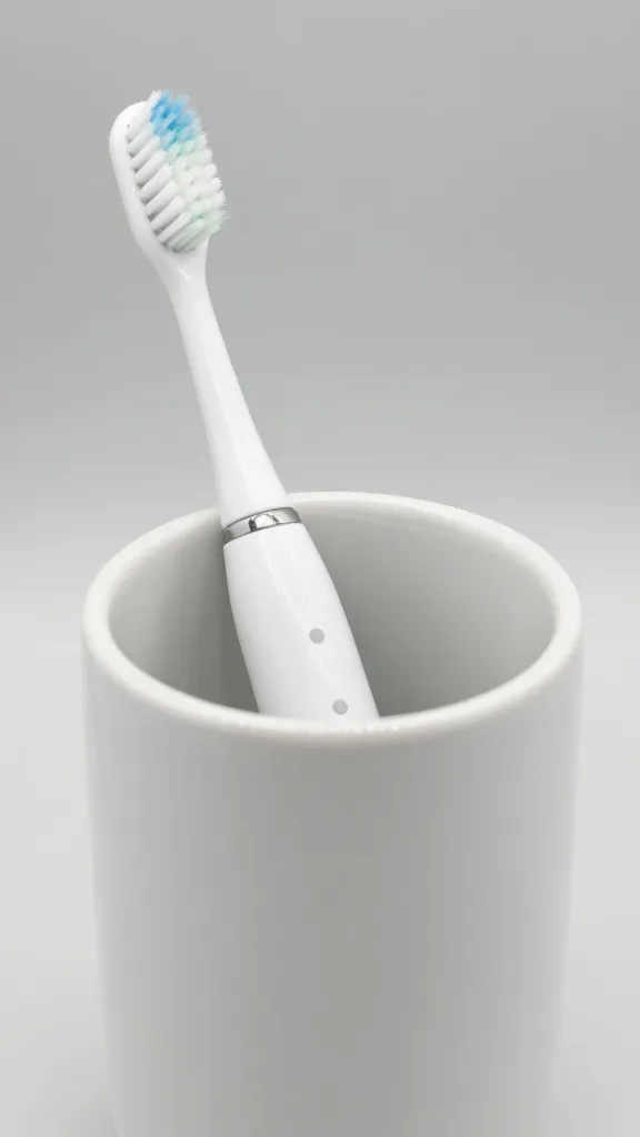 white ceramic toothbrush holder with one electric toothbrush, closeup
