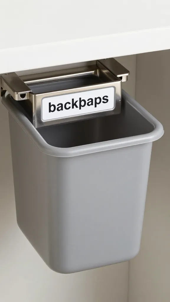 under-sink pull-out bin labeled “backups,” stainless track, closeup