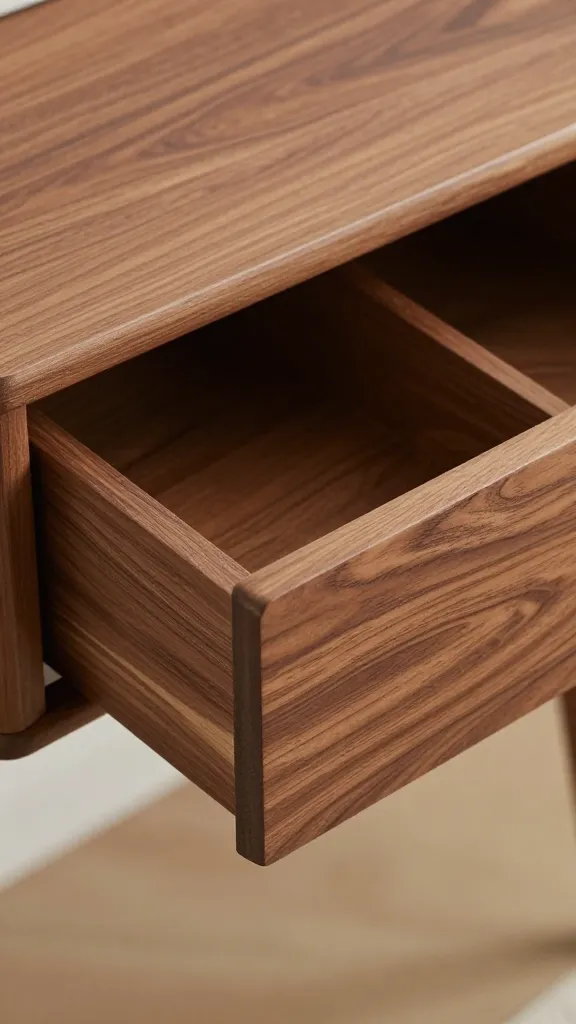 floating walnut vanity with deep divided drawer, closeup