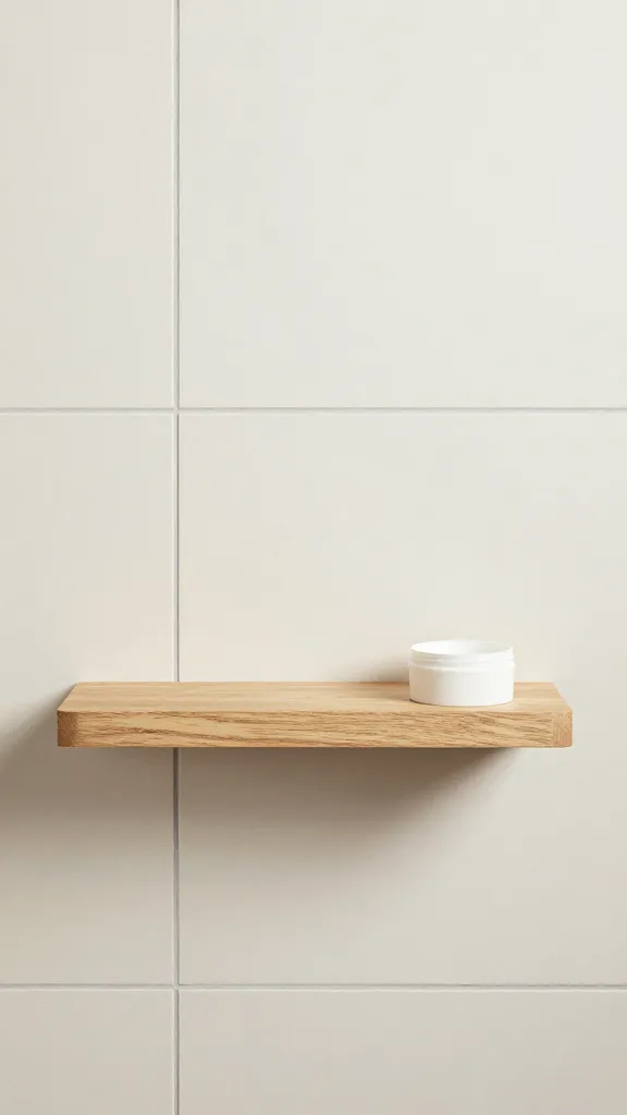 single floating oak shelf over tile, minimal toiletries