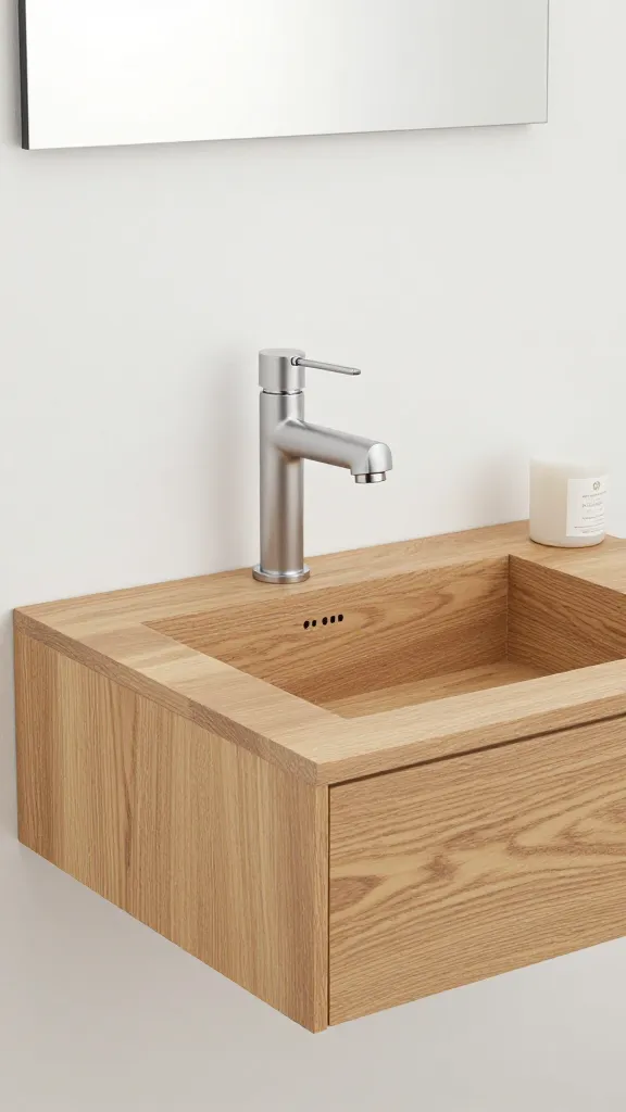 floating oak vanity with integrated sink, wall-mounted, closeup