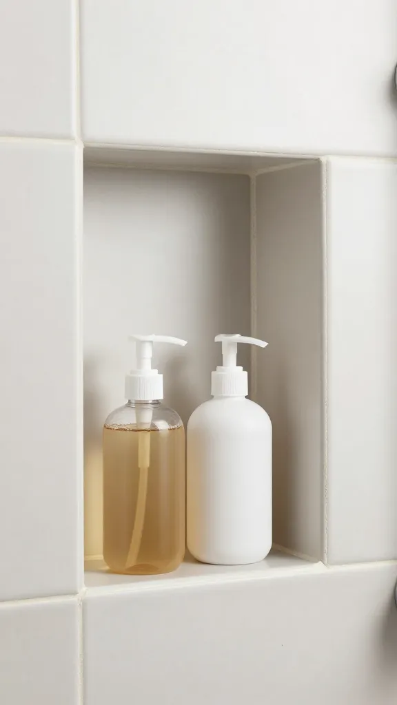 recessed shower niche with shampoo bottles, tiled, closeup