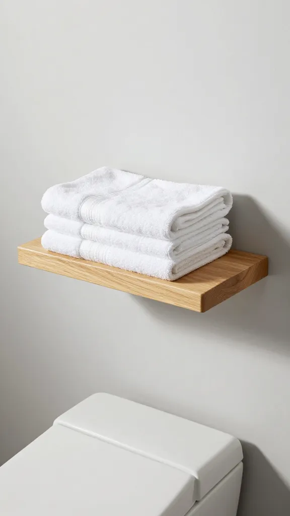 floating wood bathroom shelf above toilet, neatly folded towels