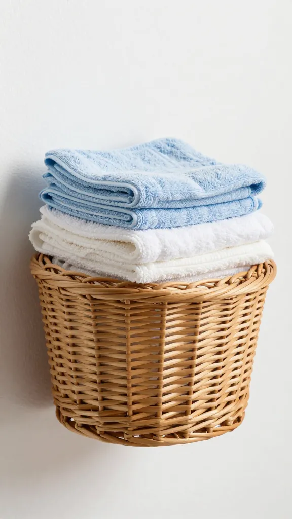 wall-mounted wicker basket holding stacked washcloths, closeup