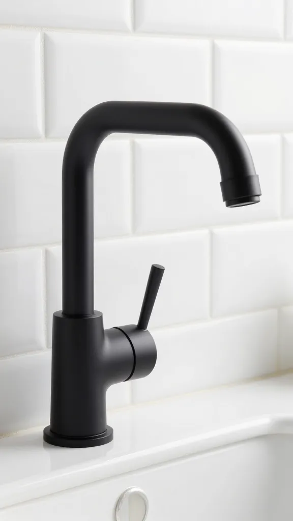 matte black faucet against glossy white subway tile, closeup