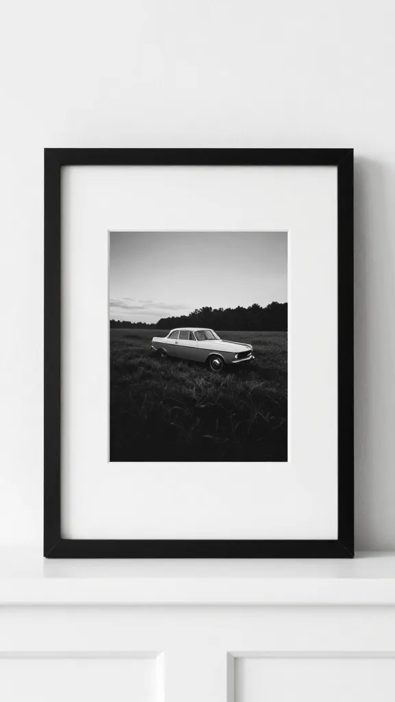 framed black-and-white print above white wainscot, close crop