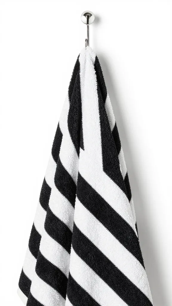 bold black-and-white striped hand towel on hook, closeup