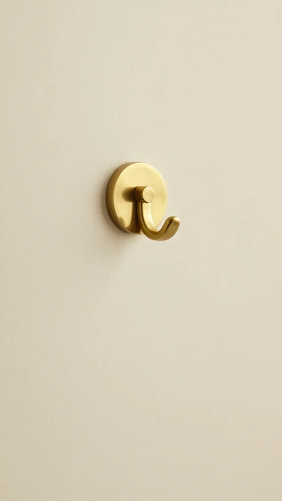 creamy painted wall with single brushed brass towel hook