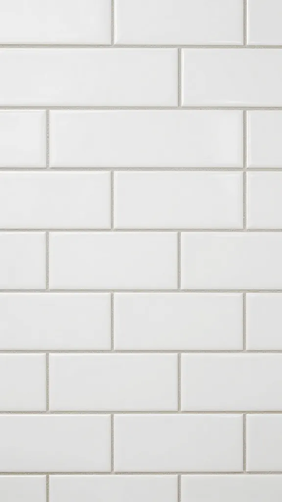 glossy white subway tile wall, closeup with chrome grout lines