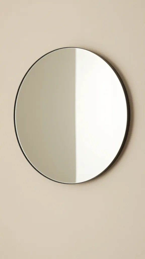 frameless round mirror reflecting light, closeup on cream wall
