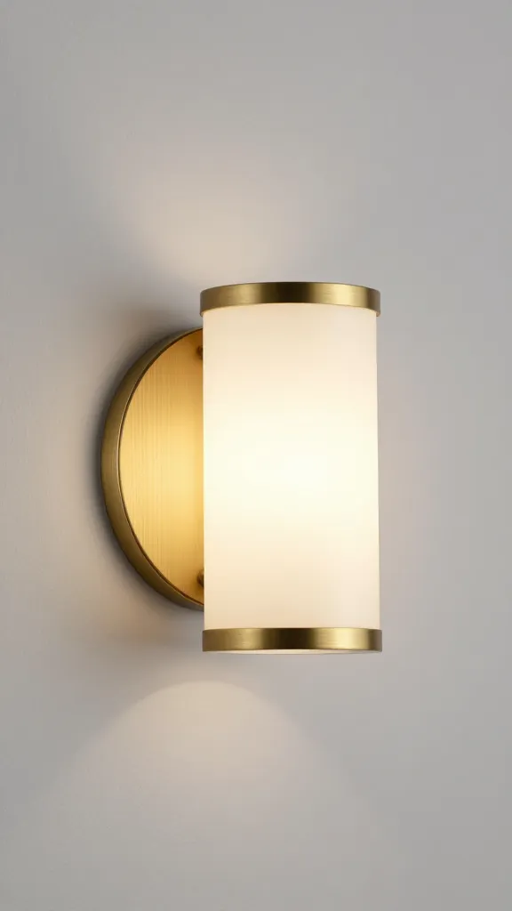 brushed brass bathroom sconce at eye level, soft glow