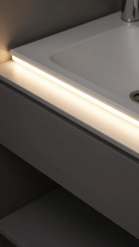 closeup LED strip under floating vanity, warm accent light