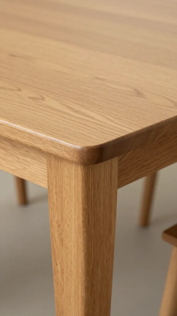 closeup of oak dining table corner with rounded edge