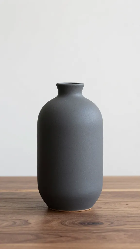 matte charcoal ceramic vase on walnut tabletop