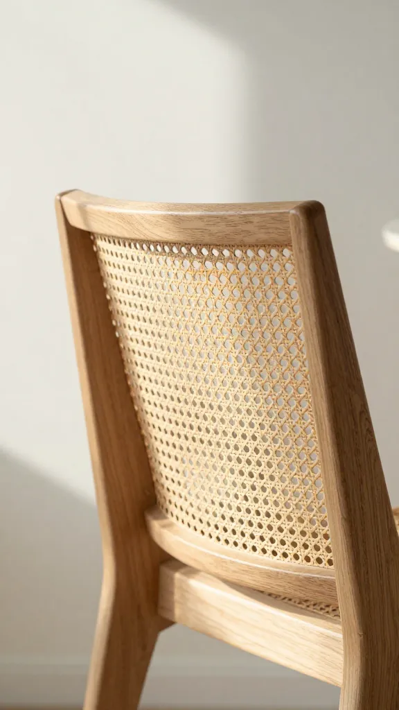 woven cane dining chair backrest in soft morning light