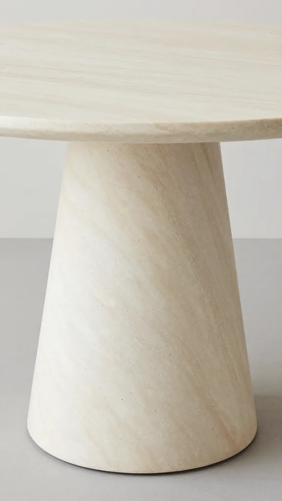 closeup travertine pedestal dining table base, soft daylight