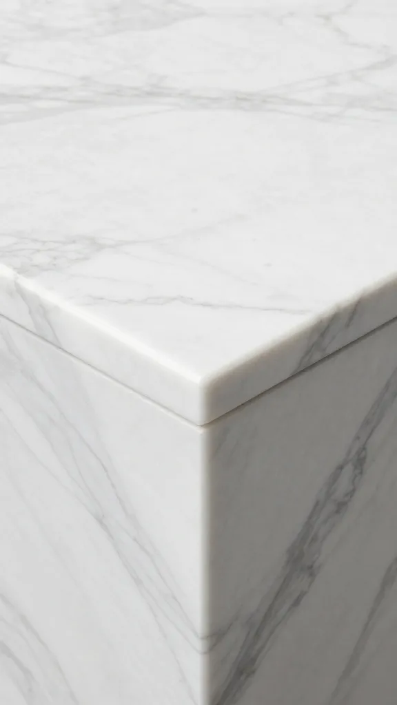 white-veined Calacatta marble tabletop corner, polished closeup