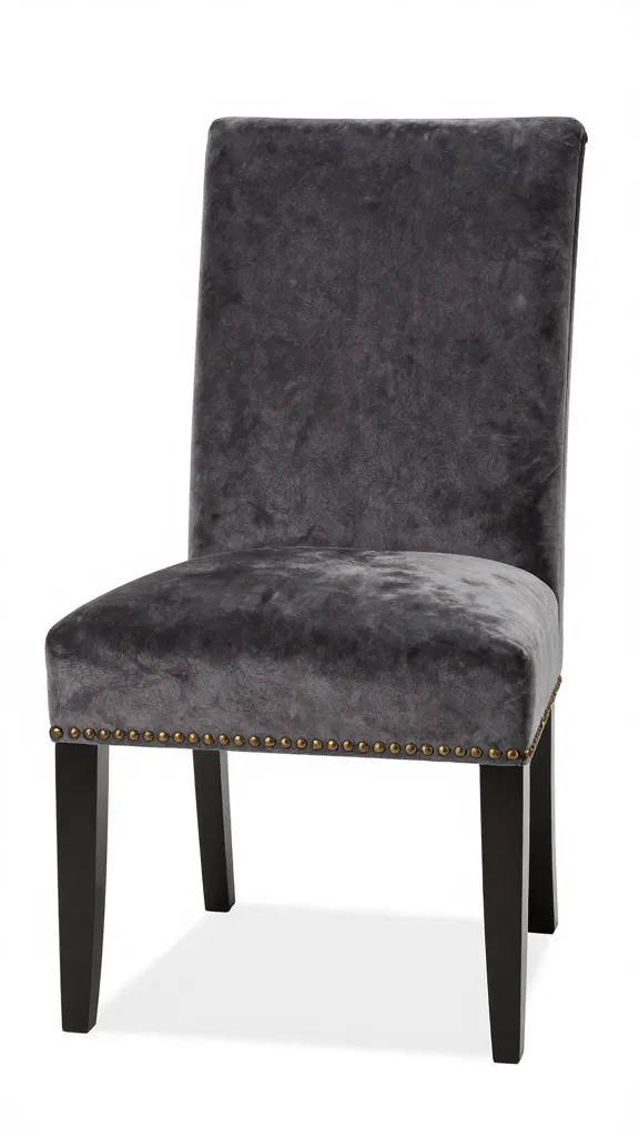 charcoal velvet dining chair with brass nailhead trim