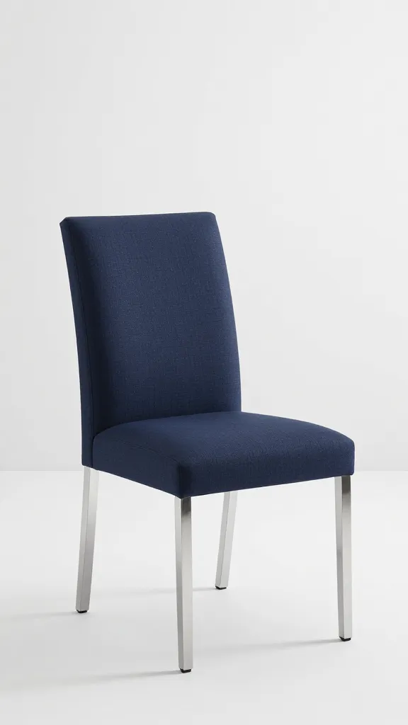 navy upholstered dining chair under polished chrome pendant