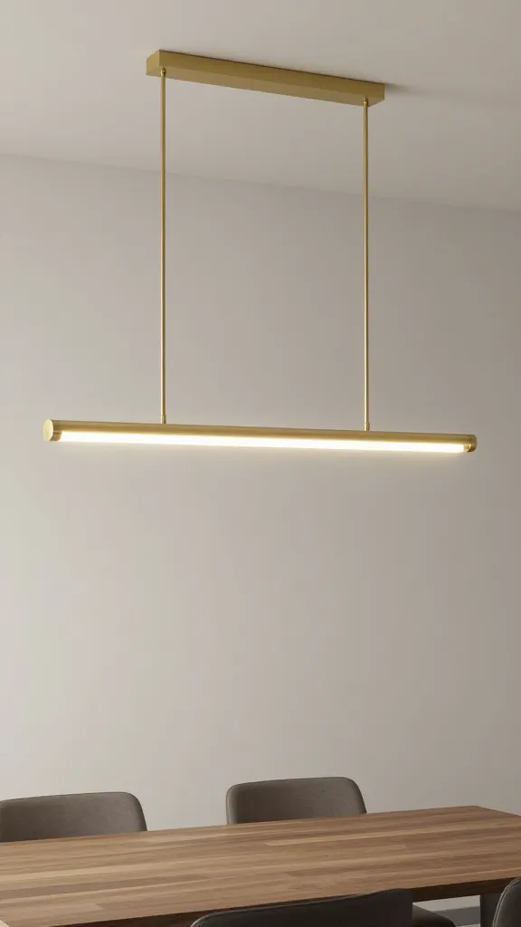 brass linear pendant over dining table, soft glow