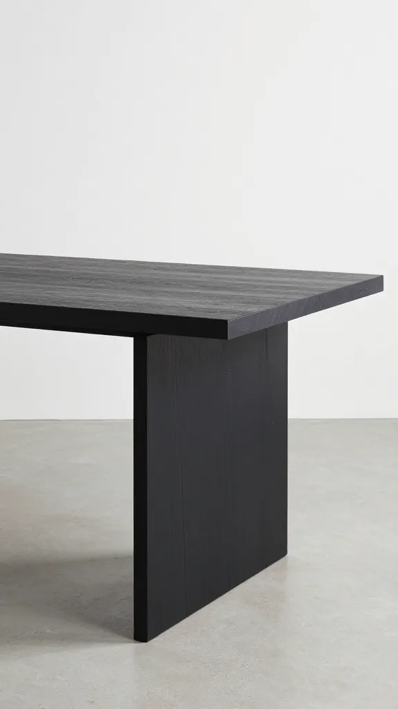 slim console-depth dining table edge in matte black ash