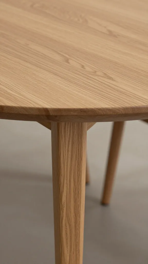 closeup of round oak dining table edge with tapered leg