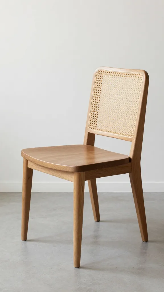 armless cane-back dining chair, side profile, natural light