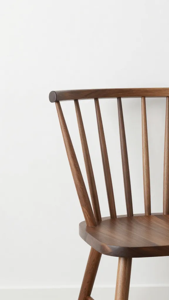 slim spindle-back chair detail against white wall