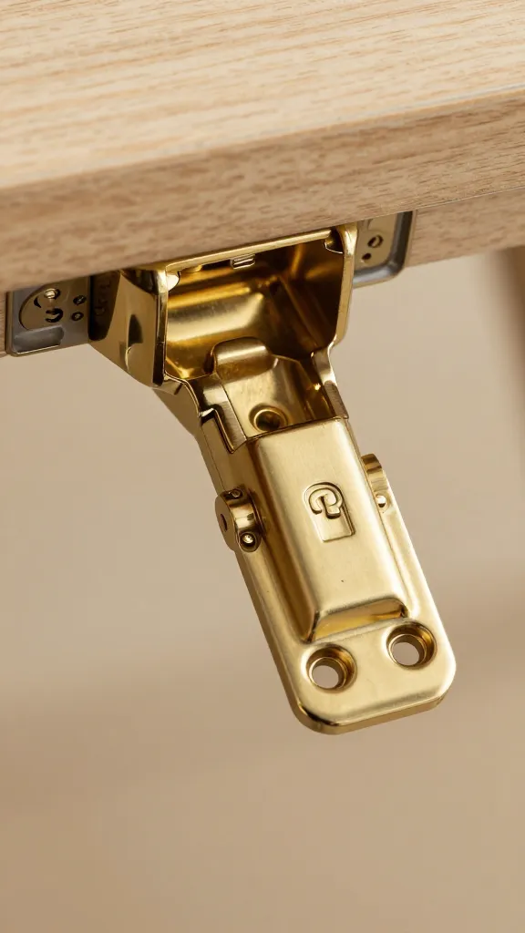 gateleg dining table hinge detail, brushed brass, macro