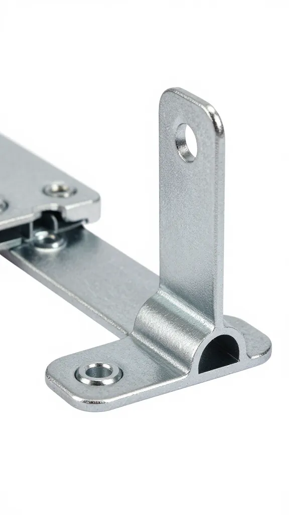 fold-out table leg locking bracket, stainless steel, closeup