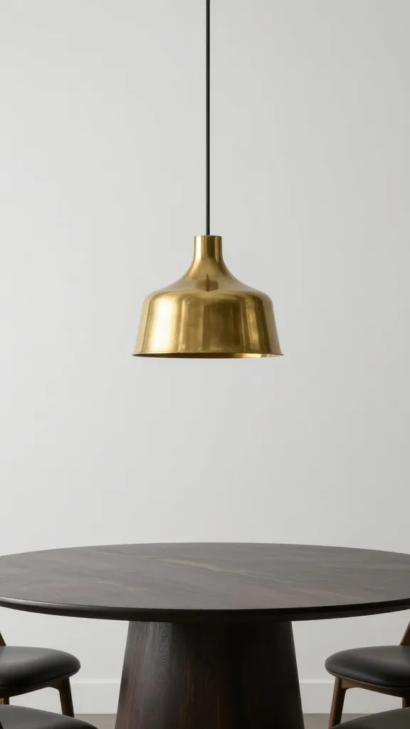 brass pendant centered over small round dining table