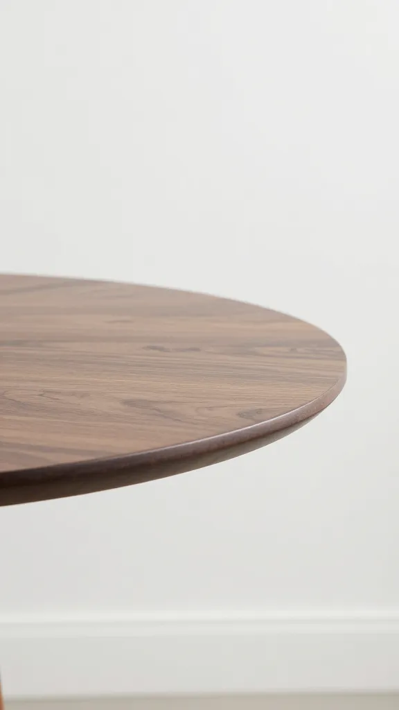 closeup round walnut dining table edge against white wall