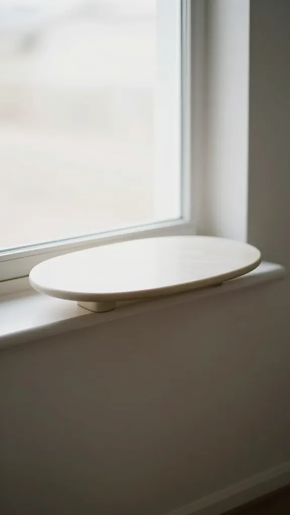 small oval pedestal table tucked near window, soft light