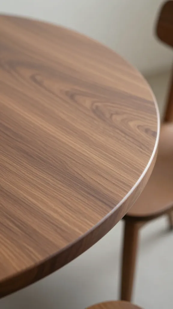 closeup of oval walnut dining table edge, soft daylight