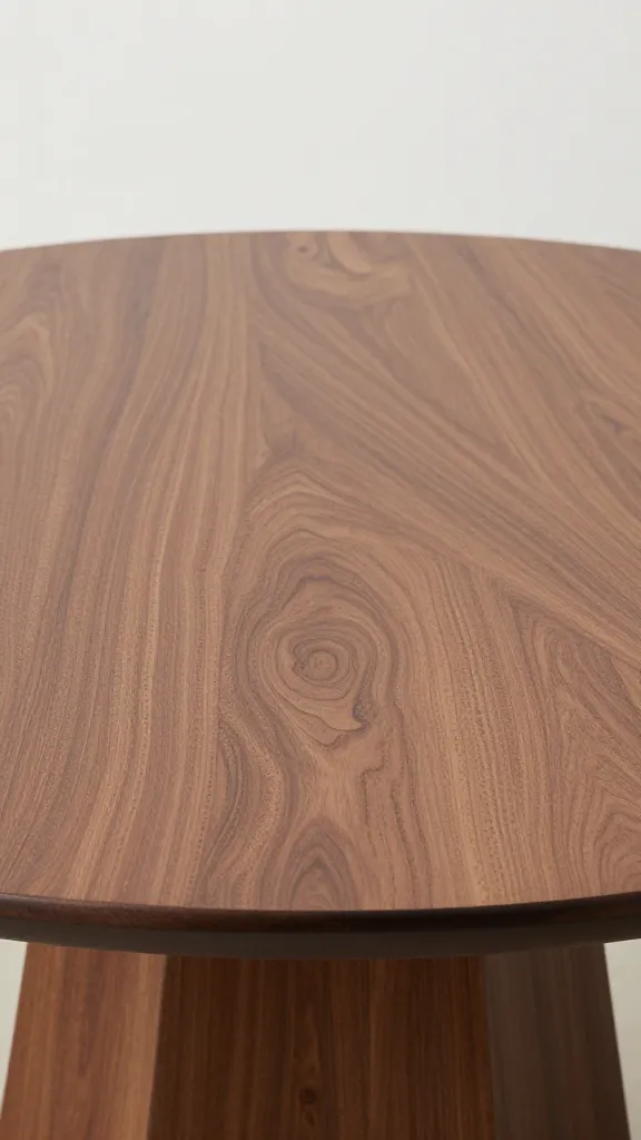 round walnut dining table edge, 36-inch clearance visible
