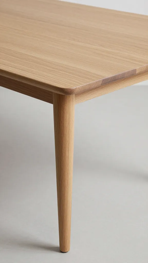 rectangular oak table end, tapered leg closeup
