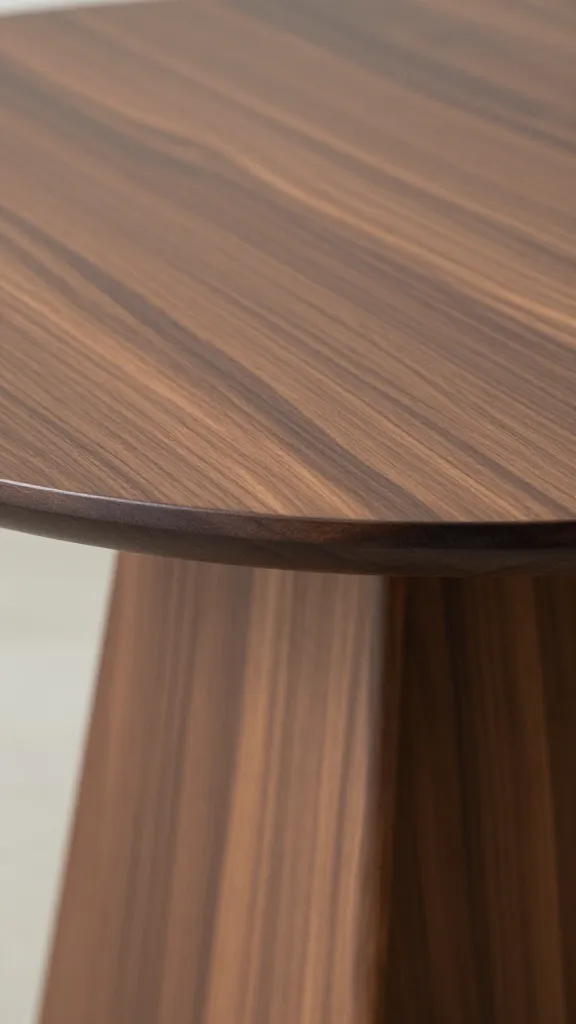 closeup of matte walnut pedestal dining table edge