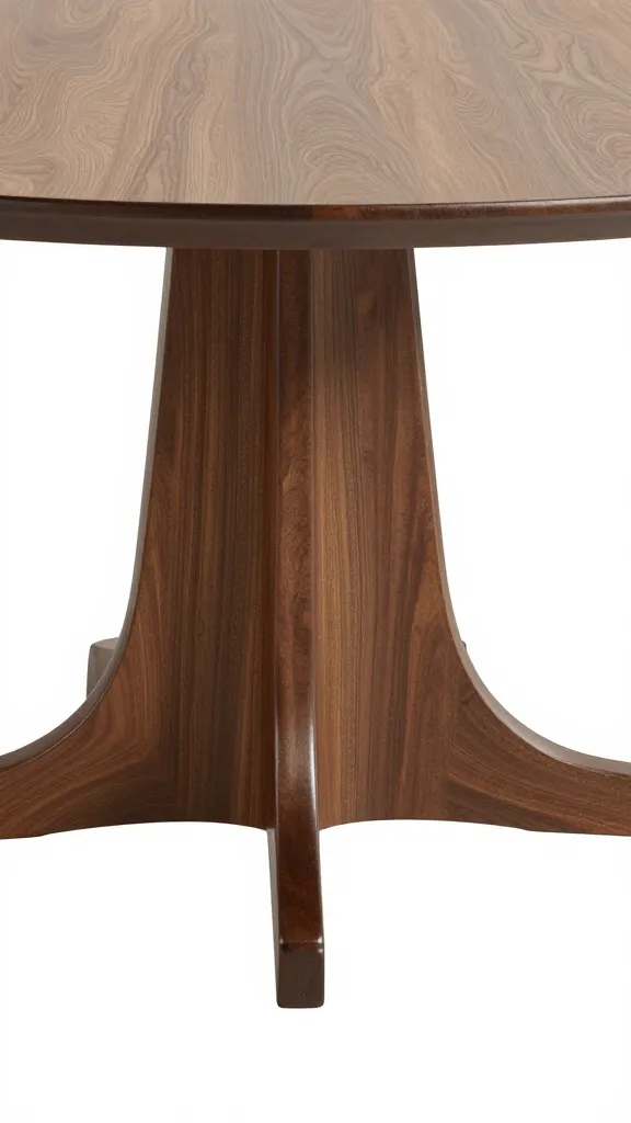 Walnut pedestal dining table base, studio-lit closeup