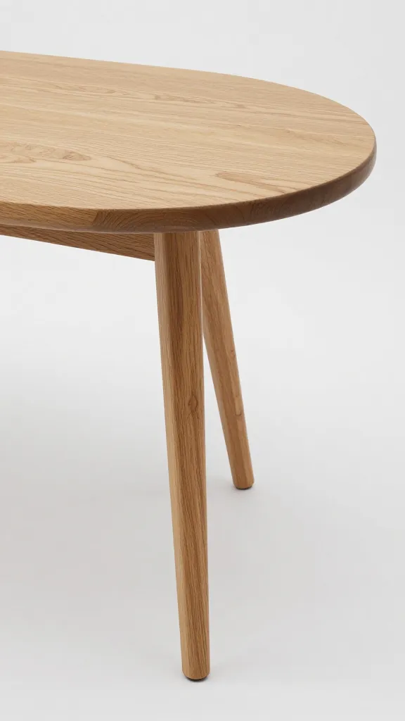 Pill-shaped oak table with tapered legs, corner closeup