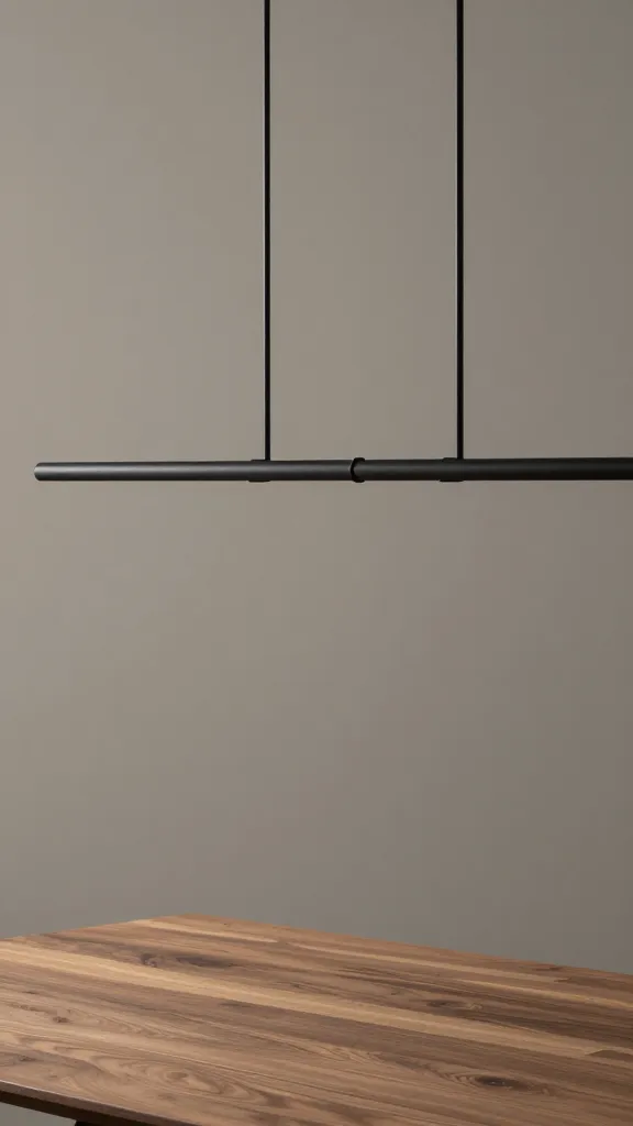 matte black linear chandelier over walnut dining table, closeup