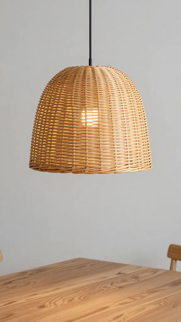 woven rattan pendant light above oak tabletop, closeup